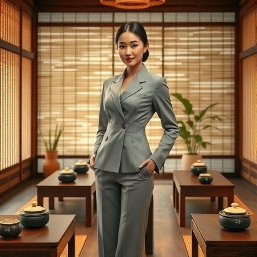 茶室内的竹帘与茶桌氛围