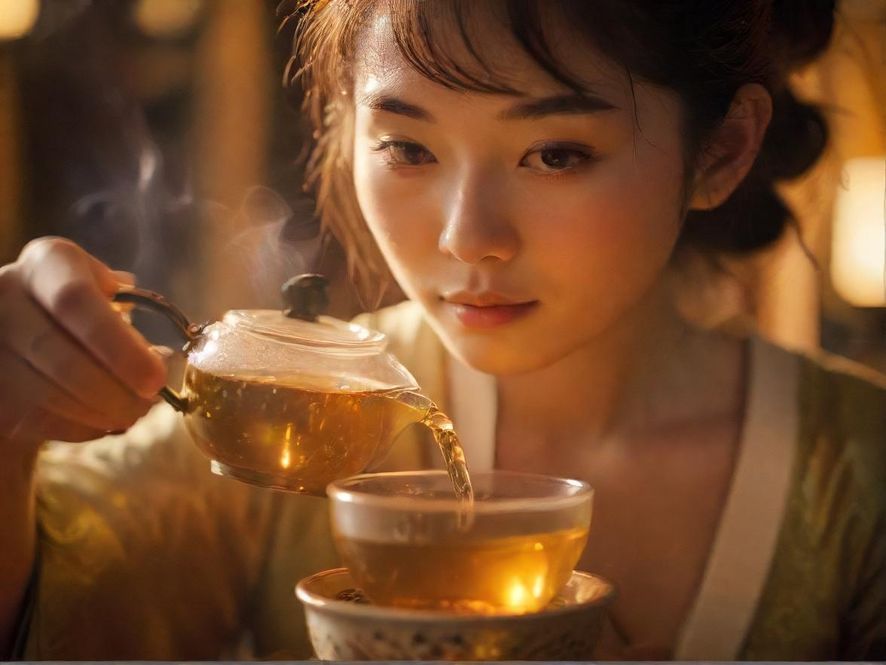 一位茶艺师正在专注泡茶的微距特写,画面充满暖色调光线,营造出禅意的氛围