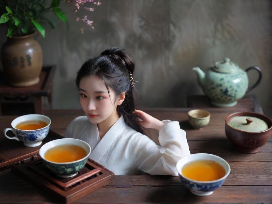 一位茶艺师正在优雅地冲泡茶叶，特写镜头聚焦于精致的茶具和传统中式风格的背景