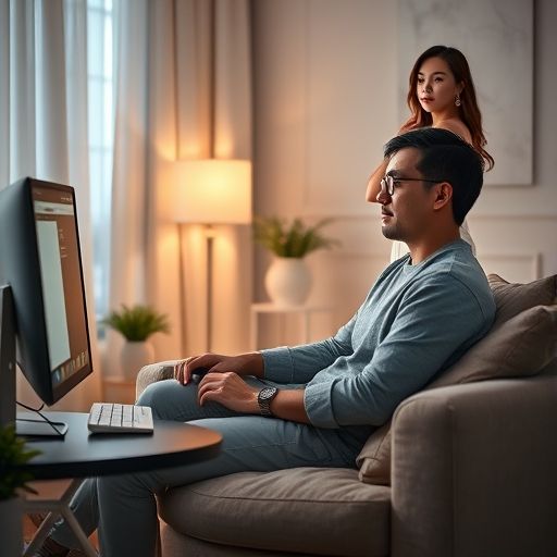 一个男人坐在电脑前,屏幕上显示着一个论坛页面,他正聚精会神地浏览信息,周围环境轻松舒适,体现了通过网络寻找休闲娱乐信息的场景。