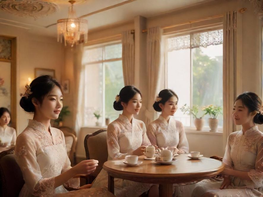 一个充满东方韵味的茶室,灯光柔和,环境优雅,让人感到放松。