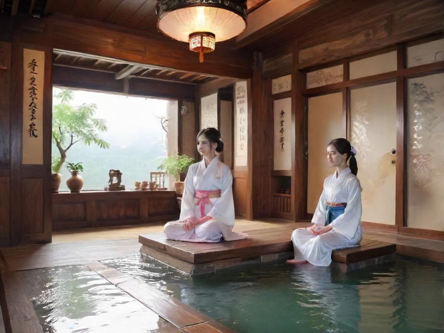 广佛地区豪华水疗会所的室内温泉池,宽敞舒适,水雾缭绕,营造出极致放松的氛围。