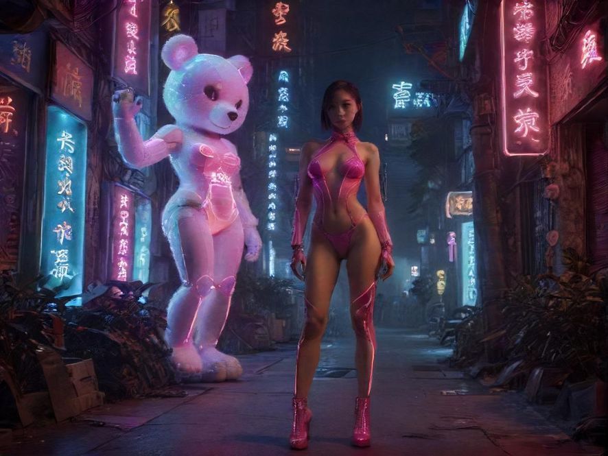 广州佳丽花社区入口，霓虹灯光闪烁，充满赛博朋克风格，在夜晚的城市街景中显得格外引人注目。