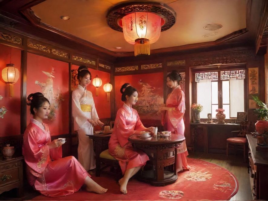 广东一间宽敞明亮、充满传统中式风格的雅致茶馆内部