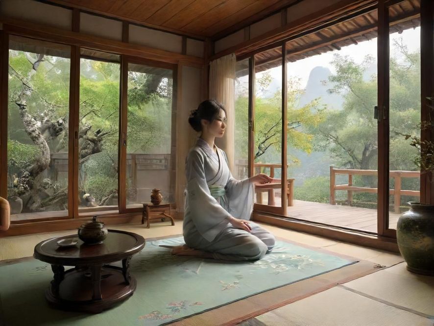 一个看起来很舒适的茶室内部,有沙发和茶具