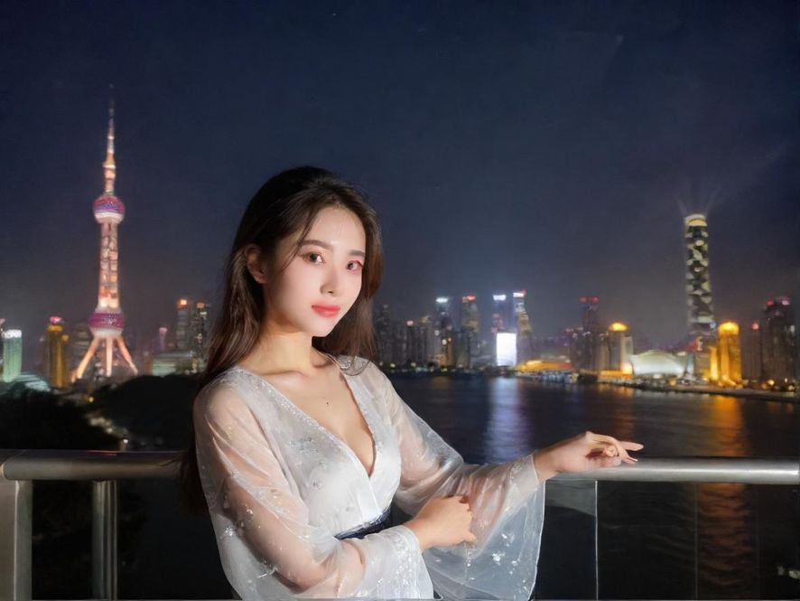 一张描绘女性背影的图片,从俯视视角展现她柔美的曲线。朦胧的光线从窗外洒入,窗外是璀璨的城市夜景,营造出一种私密而富有魅力的氛围。