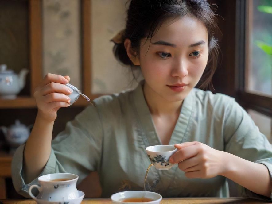 深圳专业茶艺师正在近距离冲泡一杯新茶,动作细腻优雅,桌上摆放着一套精致高端的茶具,茶香四溢。