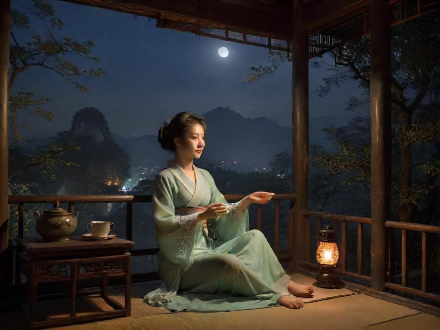 古色古香的广州茶室夜景