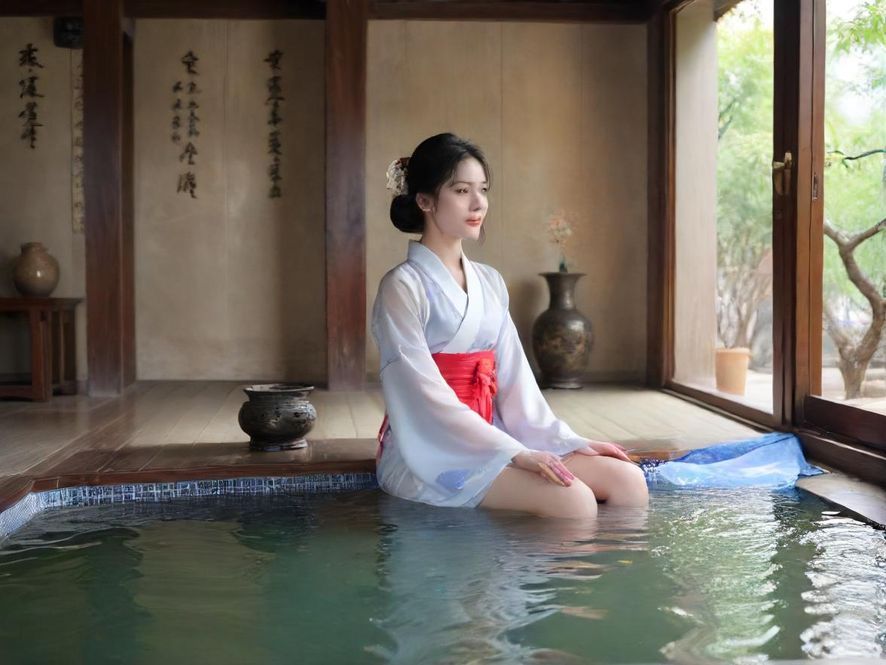 一处设计精美的豪华水疗中心,柔和的灯光映照在波光粼粼的室内泳池上,营造出宁静放松的氛围。