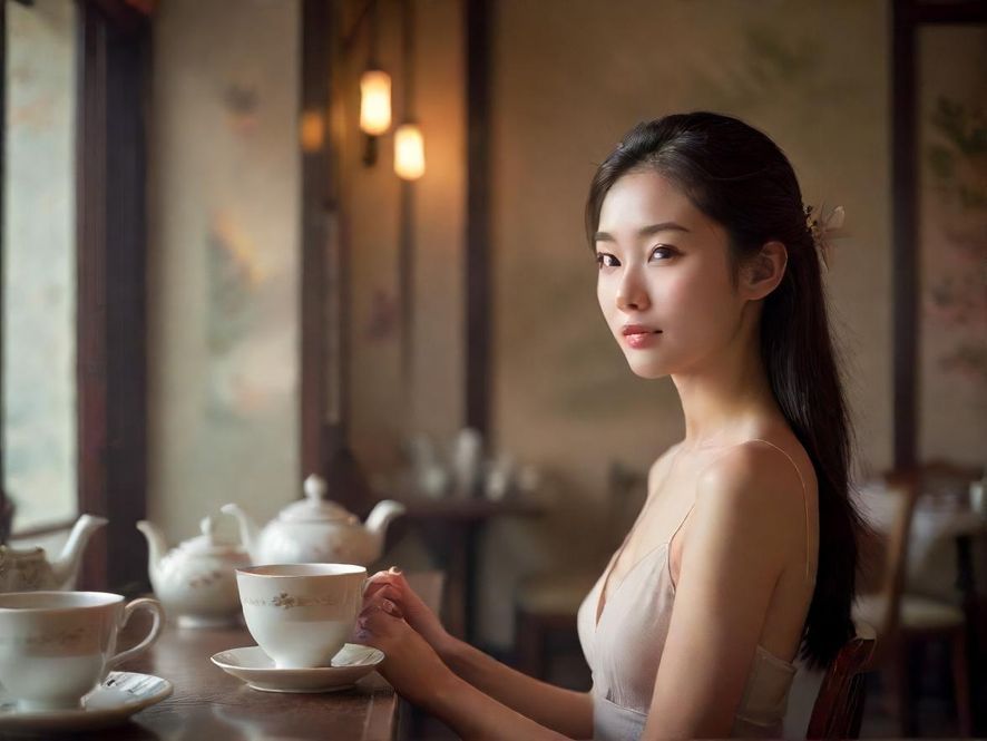 深圳龙华喝茶美女唯美茶室场景