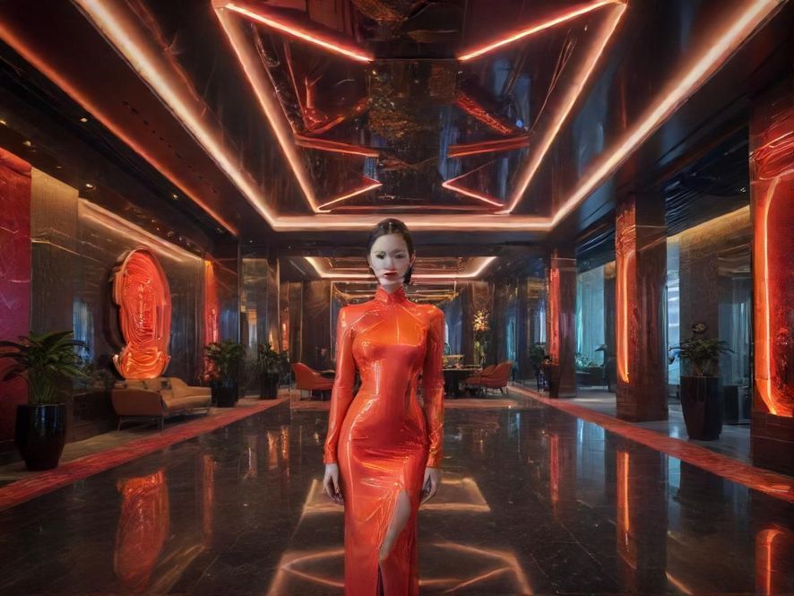 广州豪华会所大堂,广角镜头下的现代奢华室内设计,展现了高端休闲场所的恢弘气派与精致细节。