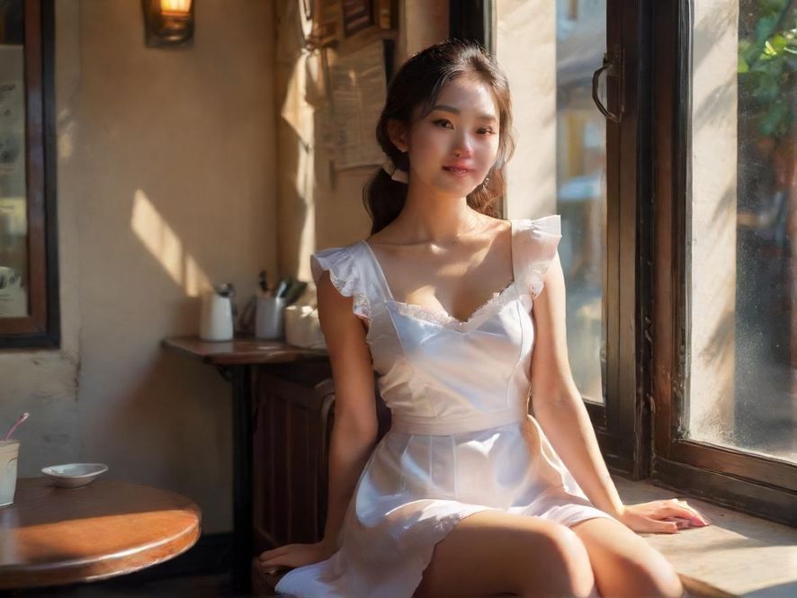 一位都市丽人坐在窗边,享受咖啡馆的宁静时光