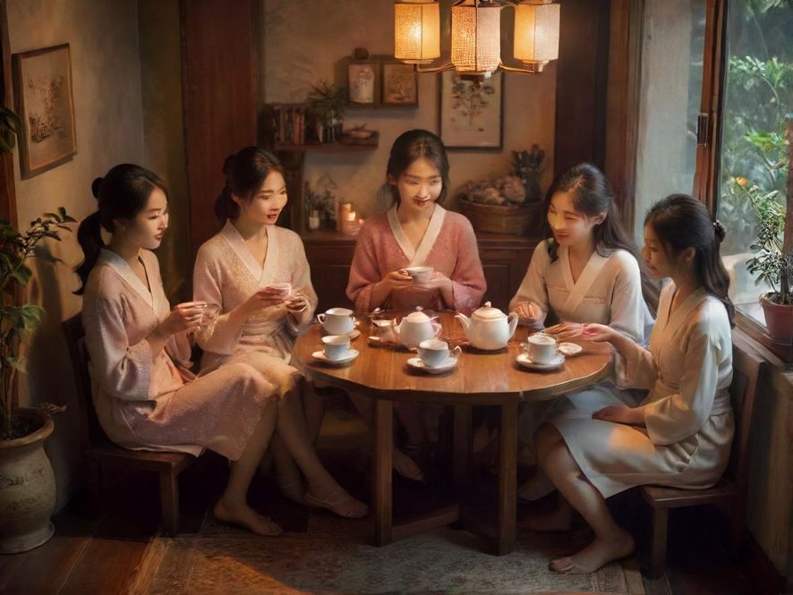 一位气质优雅的女士在温馨的茶室中享受着精致的茶点,氛围宁静而舒适。