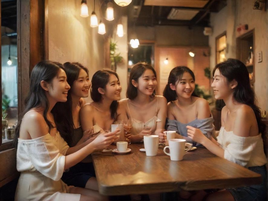 两位女性在咖啡馆里轻松地交流,分享着彼此的心得与经验,气氛温馨而愉悦。