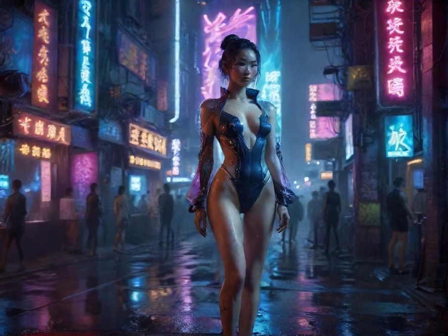 花都夜场入口,霓虹灯光闪烁,充满赛博朋克风格的城市街道背景。