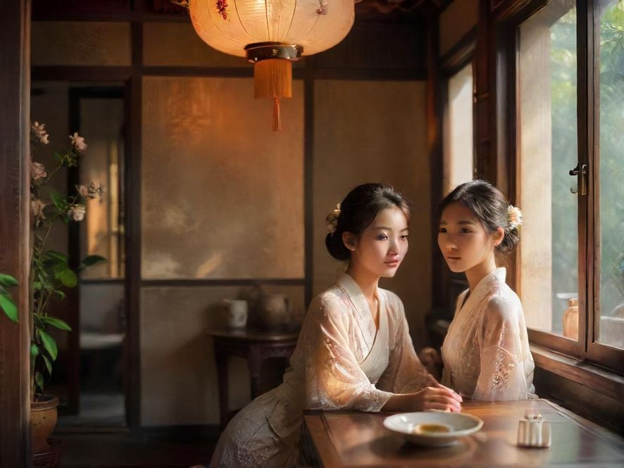 广州白云区一处私密茶馆内景,暖色灯光营造出温馨氛围,光影交错间尽显雅致,透过窗格隐约可见室外绿植,一张古朴的茶桌上摆放着精致的茶具。