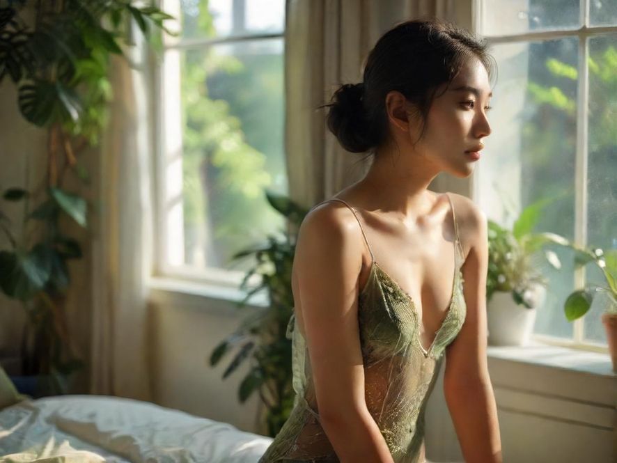 一名女性品茶者侧影,面带微笑,手持精致茶杯,柔和的自然光线从窗外洒入,窗外是郁郁葱葱的绿植,营造出一种宁静而美好的品茶氛围。