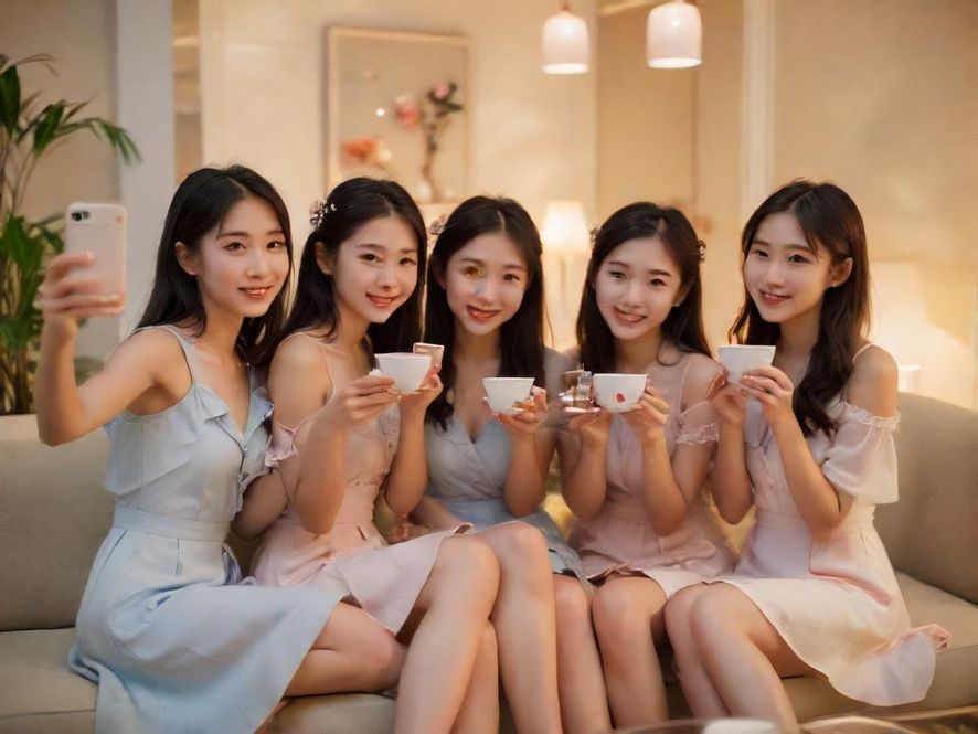 在柔和灯光下,一张舒适的沙发旁摆放着精致的茶具,营造出私密而放松的茶会氛围。