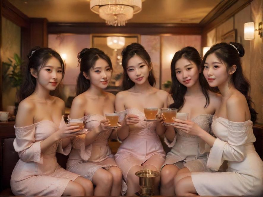 一间布置温馨雅致的茶室,柔和的灯光洒在木质桌椅上,茶具摆放整齐,营造出宁静放松的氛围。