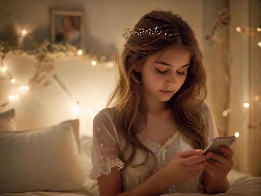 一个年轻女孩在卧室里浏览手机，屏幕上是论坛的界面