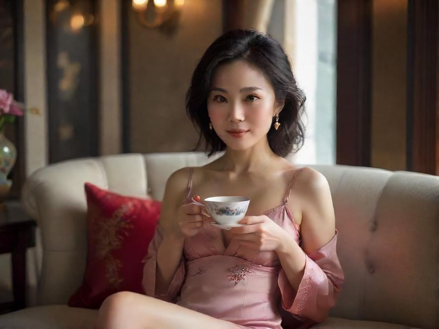 一位成熟女性在温馨的会所内手持茶杯,眼神温柔