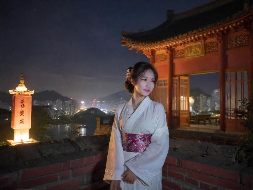 广州某私密会所入口，仰视拍摄，充满电影感，背景是璀璨的城市夜景