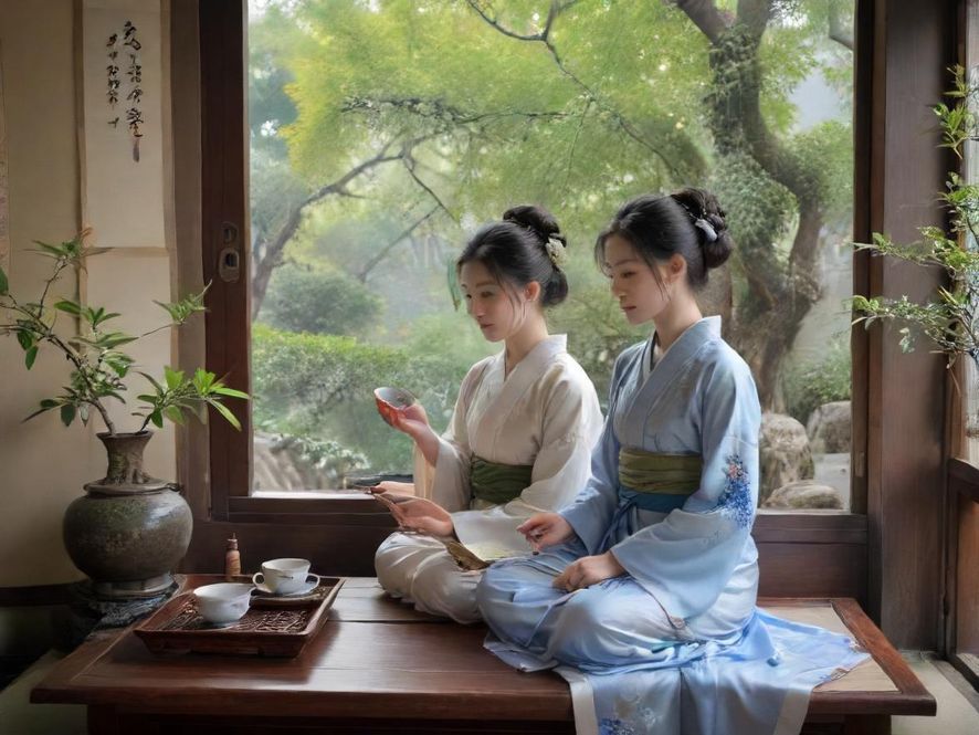 一位气质优雅的女士在天津雅致茶室中,侧面特写,专注于品茶,背景是精致的茶具。