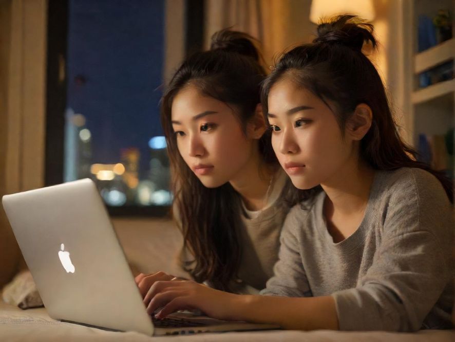 一位年轻女性在家中舒适的环境里，通过笔记本电脑专注地进行在线学习。