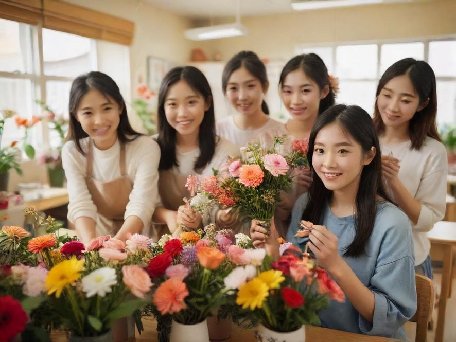 一群人在花社区明亮温馨的教室里学习插花，氛围轻松愉快。