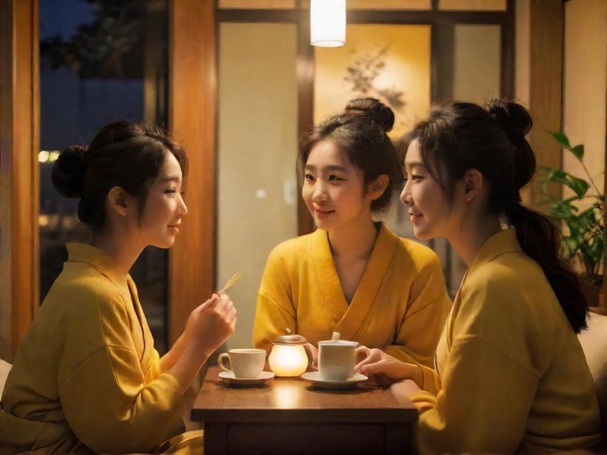 一群朋友在一个温馨的茶室里,侧面光线勾勒出他们的轮廓,他们正在轻松愉快地交流和分享。