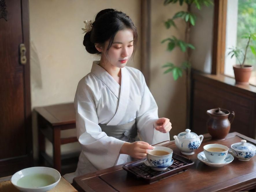 温州雅致茶室中,一位气质优雅的女士正在品茗,侧面特写展现其专注神情,背景是温馨的茶室环境。