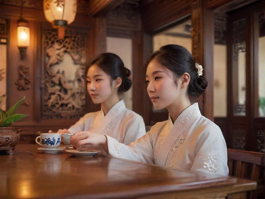 广州一间私家茶馆的室内特写,古色古香的木质家具,雅致的茶具,窗外竹影摇曳,营造出一种远离尘嚣的幽静氛围。