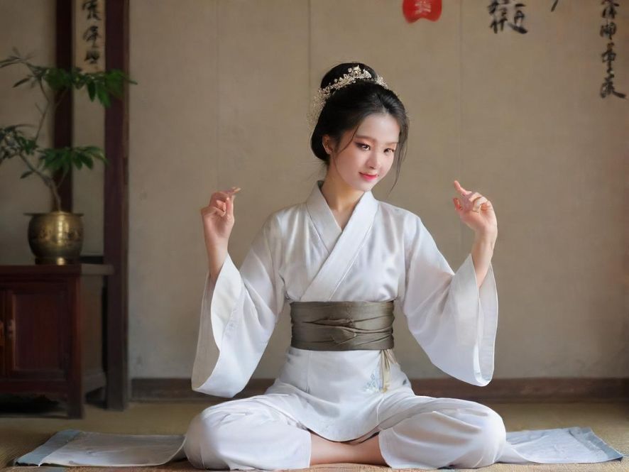 一位气质优雅的东方女性在奢华私密的茶室中放松