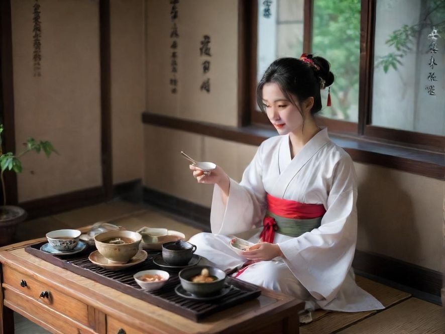 一间充满东方韵味的高端茶室，两位优雅女士正在品茶交流