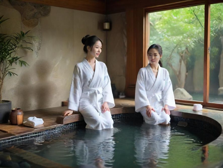 一位面带微笑的服务人员近景,背景是高端SPA的温馨环境,光线柔和,氛围亲切。