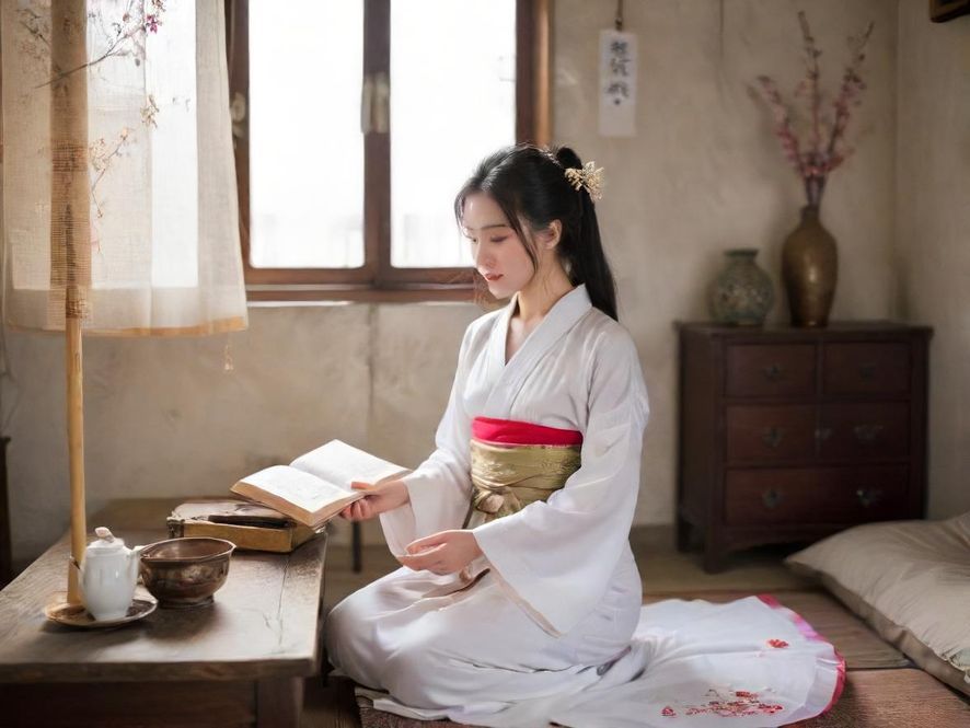 一位年轻女性在家中书房,面带微笑地使用电脑浏览网页