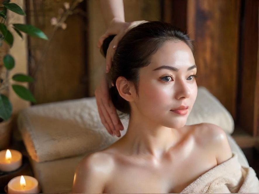 一位女性正在享受专业的背部按摩,特写镜头展现了理疗师的细致手法,房间温馨舒适,灯光柔和。