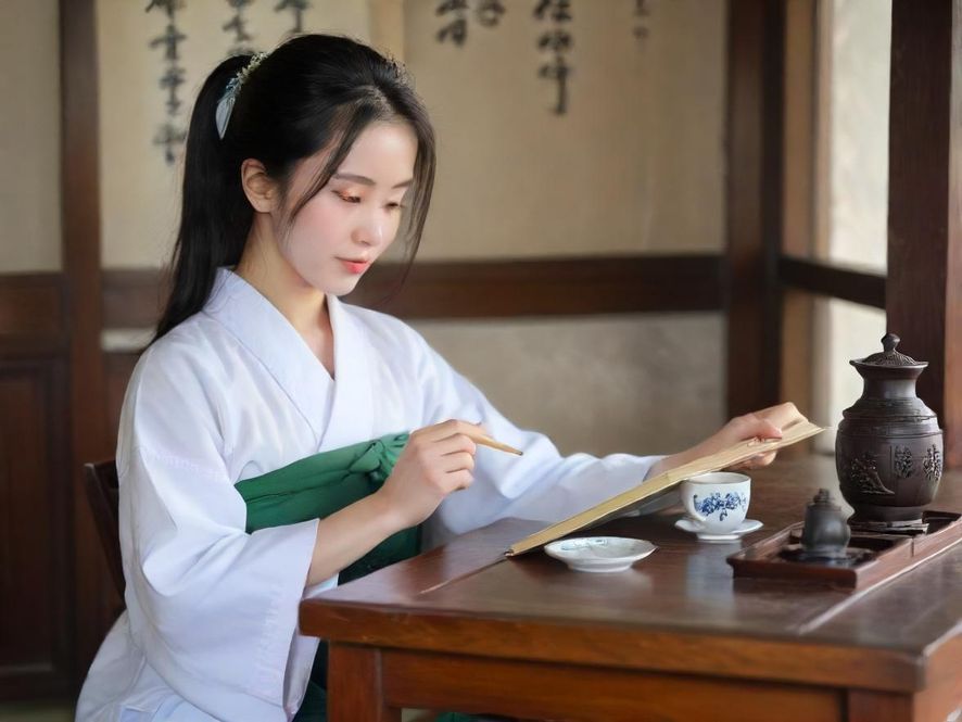 一位女士在深圳一间私密茶室中优雅地品茶，环境光线柔和，充满东方美学的韵味，茶具精致，氛围宁静。