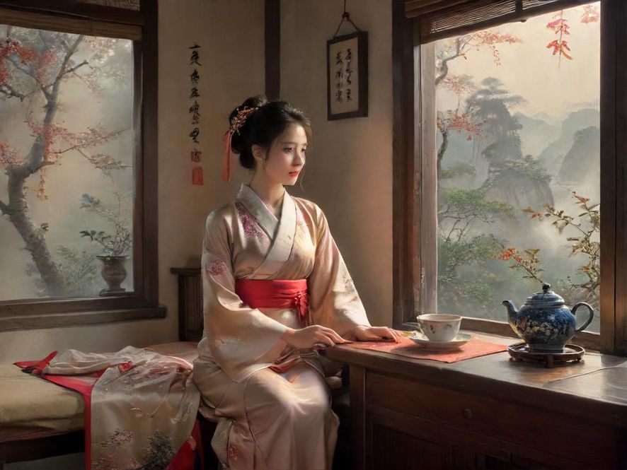 一位面带微笑,气质优雅的东方熟女,在柔和灯光下的私密茶室中。