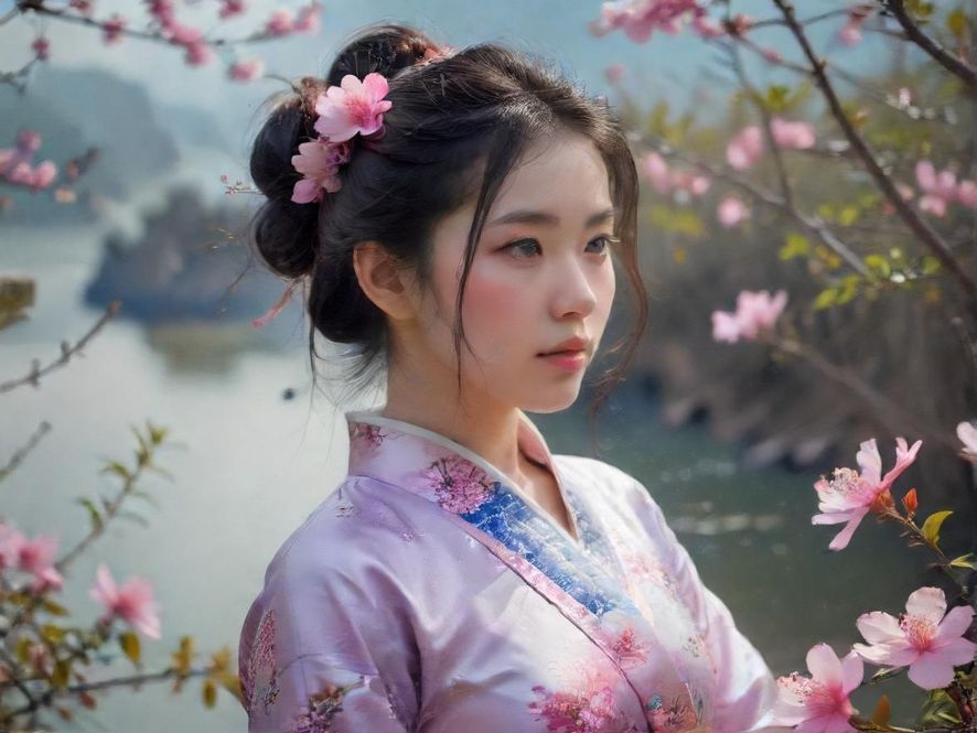 阳光斑驳的林间小径上,一位优雅的女子手持地图,眼中充满期待地探索着前方盛开的花海。