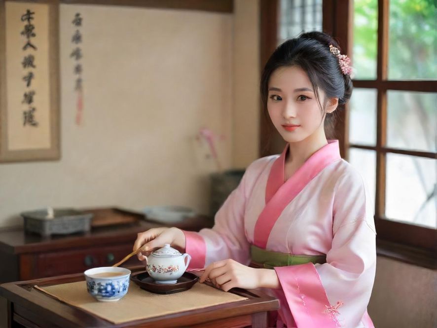 一位气质优雅的女子在古典茶室中品尝广州新茶,侧面特写,展现唯美意境