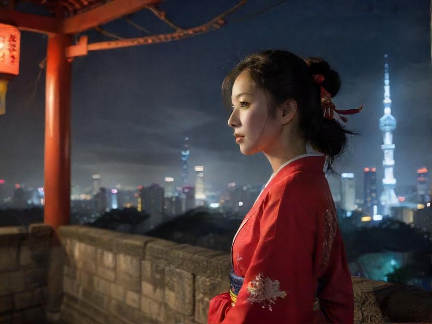 广州夜色下,一位成熟女性侧影,光影交错,尽显都市风情。