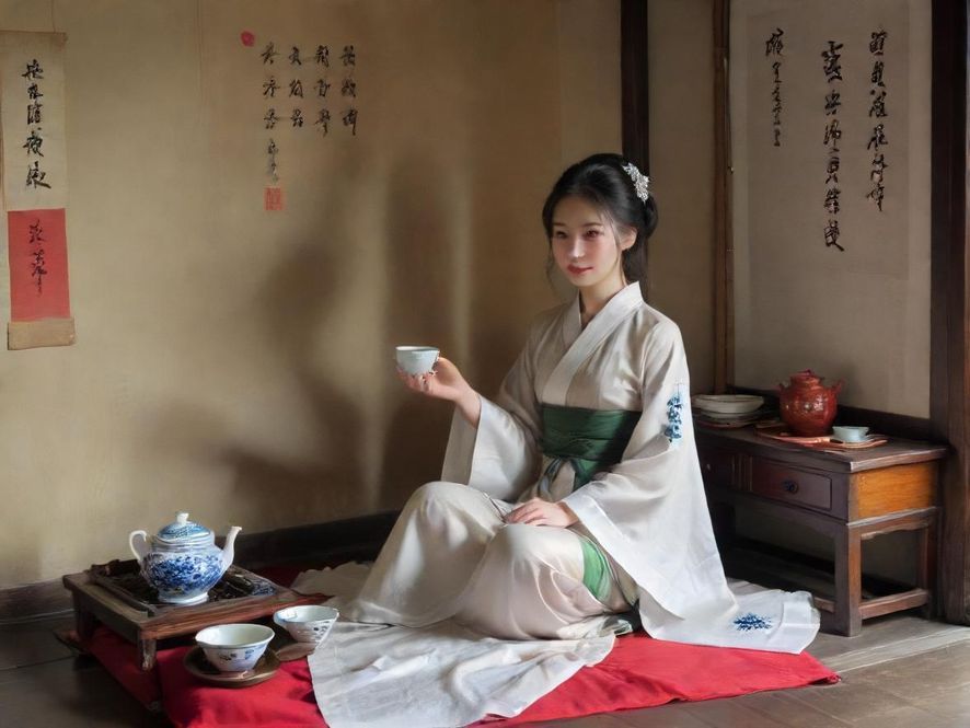 一张唯美画风的特写照片,一位年轻女性在现代茶馆中,背对着镜头,优雅地品尝着手中的茶,环境温馨舒适。