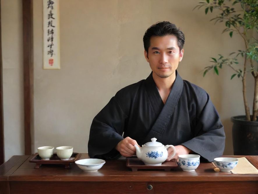 一群男性朋友在桑拿后的休息区,轻松惬意地品茶聊天,氛围温馨。