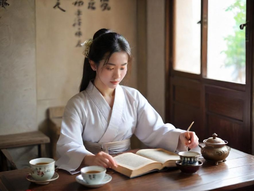 雅致茶室中,一位熟女在柔和灯光下品茗,侧影尽显韵味