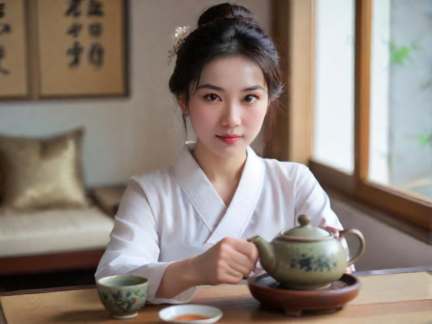 一位气质优雅的女士在古典茶室中品茗,享受宁静时光