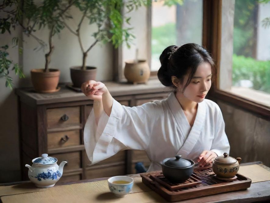 在温馨雅致的中式茶室里,一位女性背对镜头,悠然自得地品茶,展现出宁静放松的休闲时光。